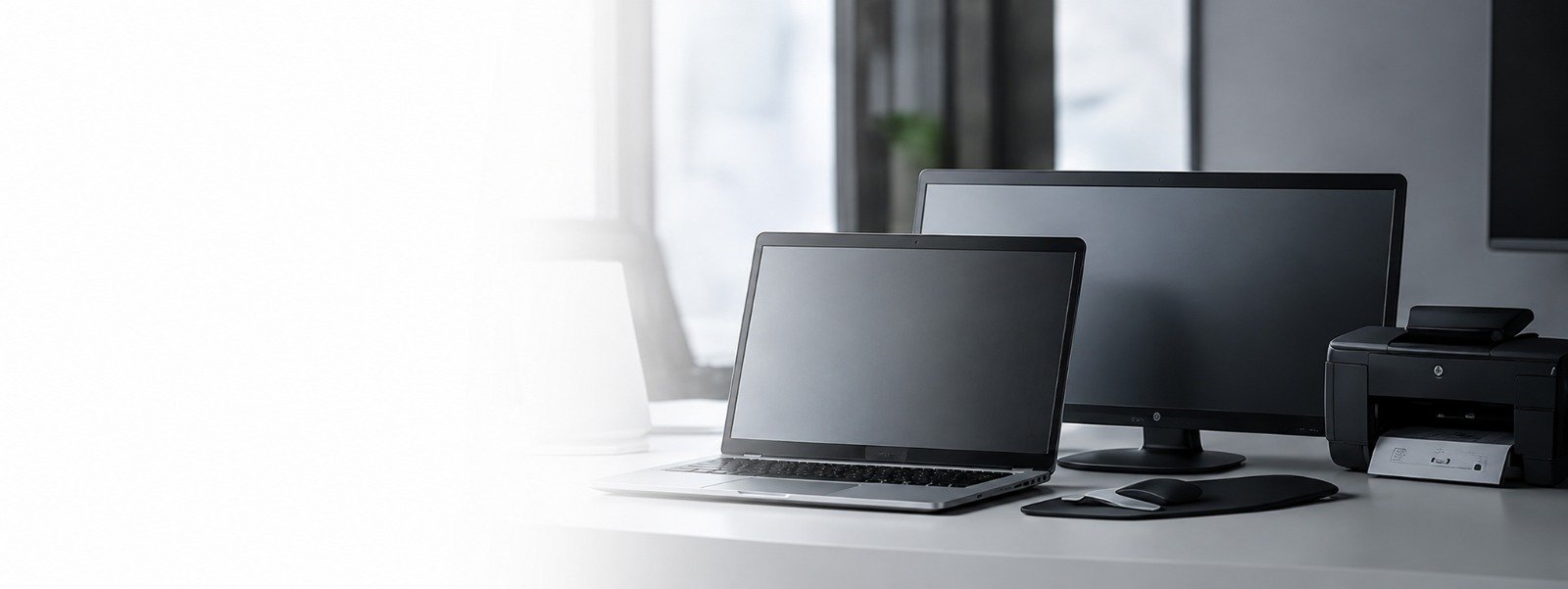 Office with laptops and monitors